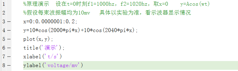 图1.波频率1000hz和1020hz的MATLAB仿真程序